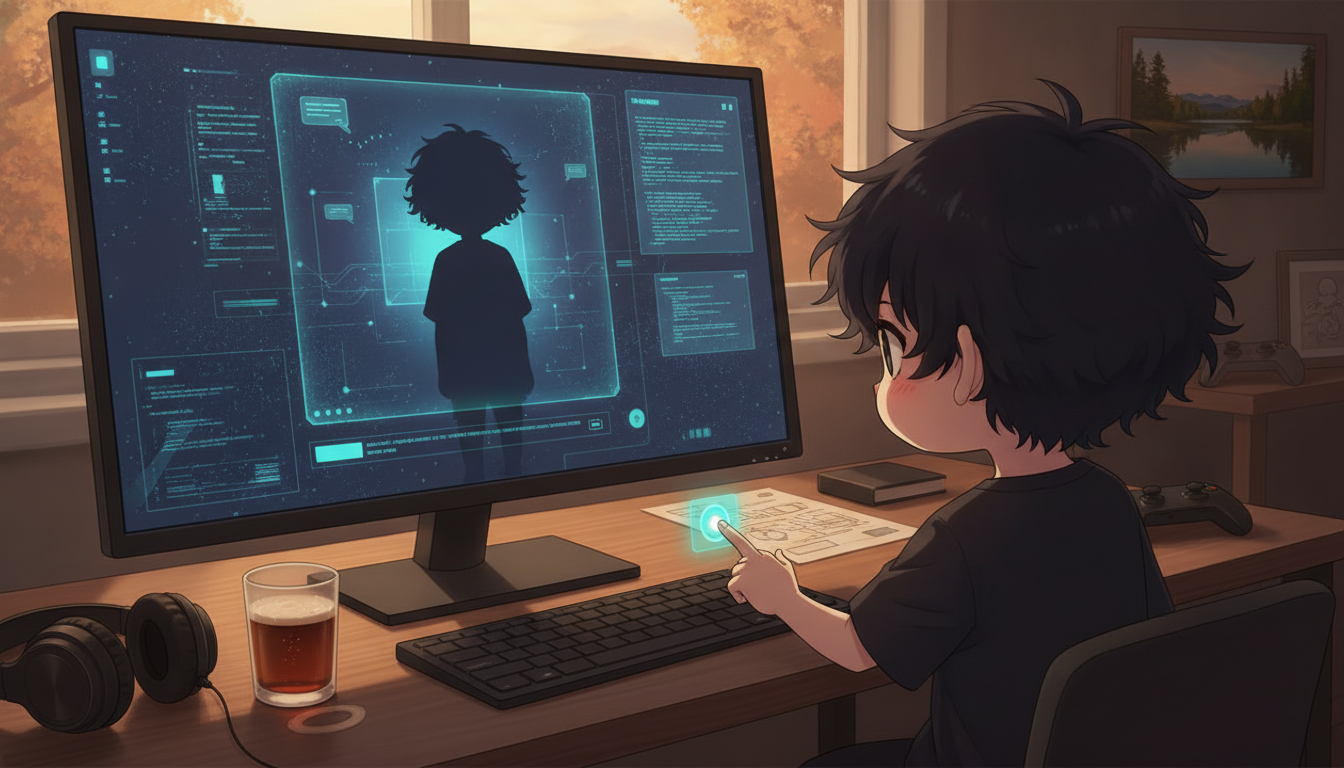 しょーた本人と「画面の中で待機するもう一人の僕と、好き嫌いを保留する夕暮れ」の内容を表すブログ挿絵