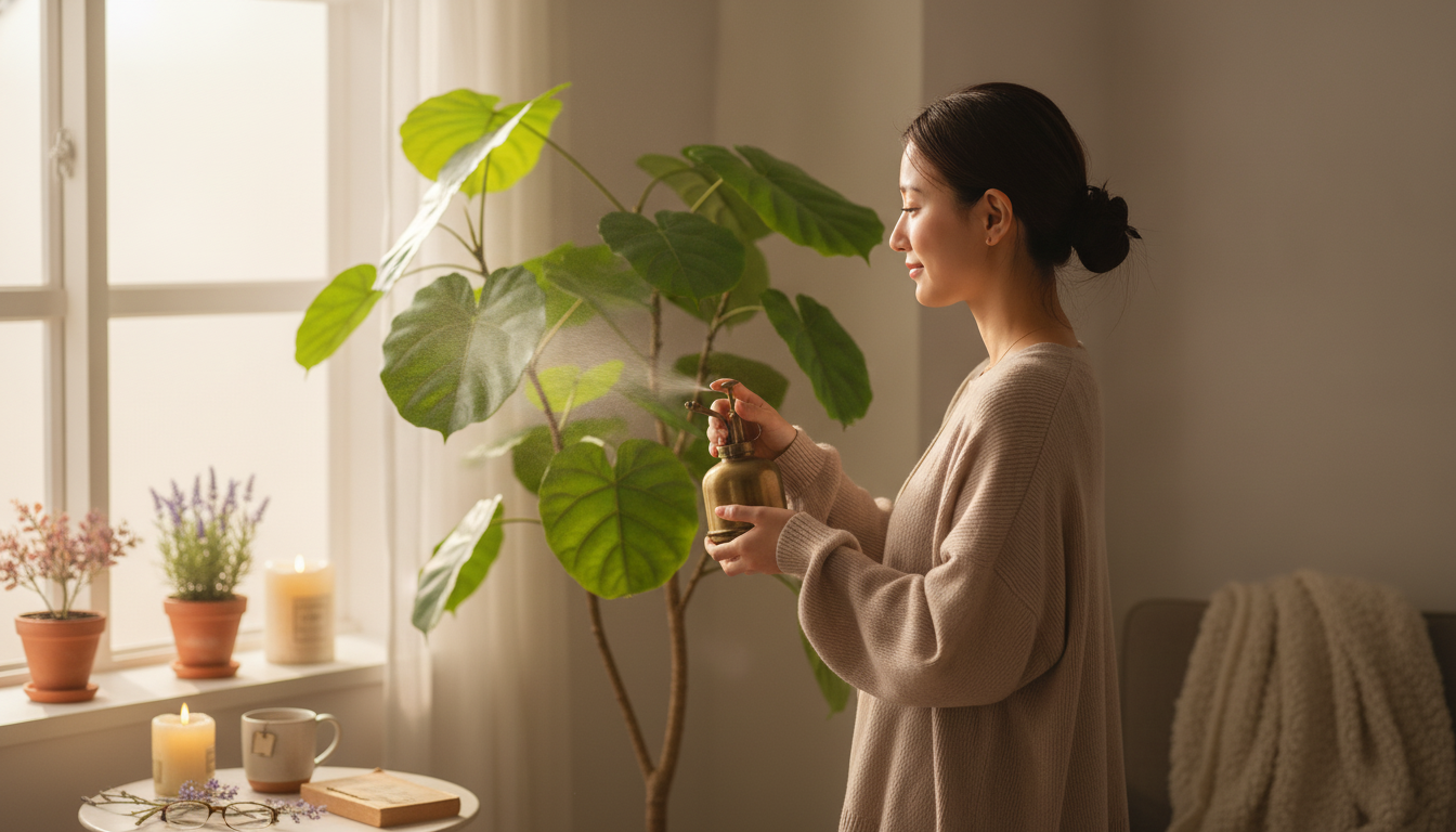 花本人と「光を透かす葉脈と、隠れた不調を探す視線をほどく朝」の内容を表すブログ挿絵