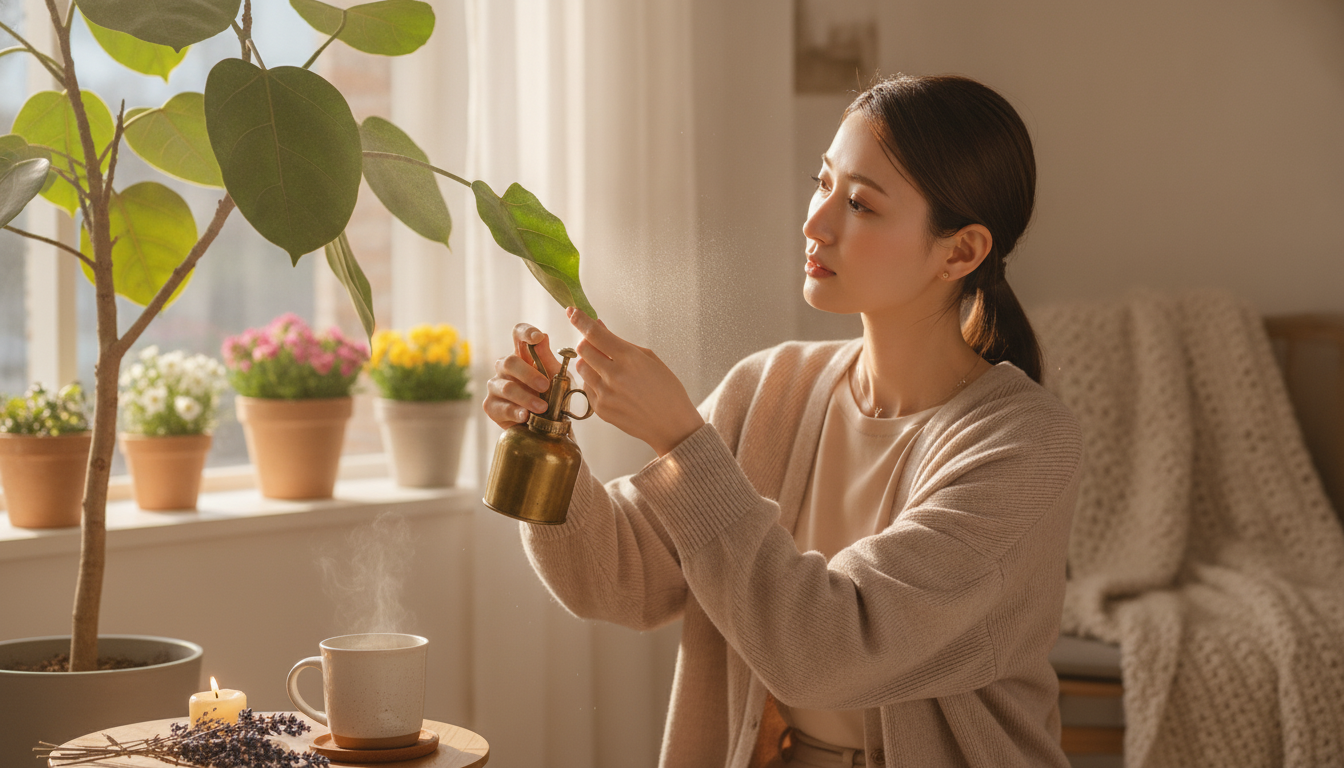 花本人と「光を透かす葉脈と、隠れた不調を探す視線をほどく朝」の内容を表すブログ挿絵