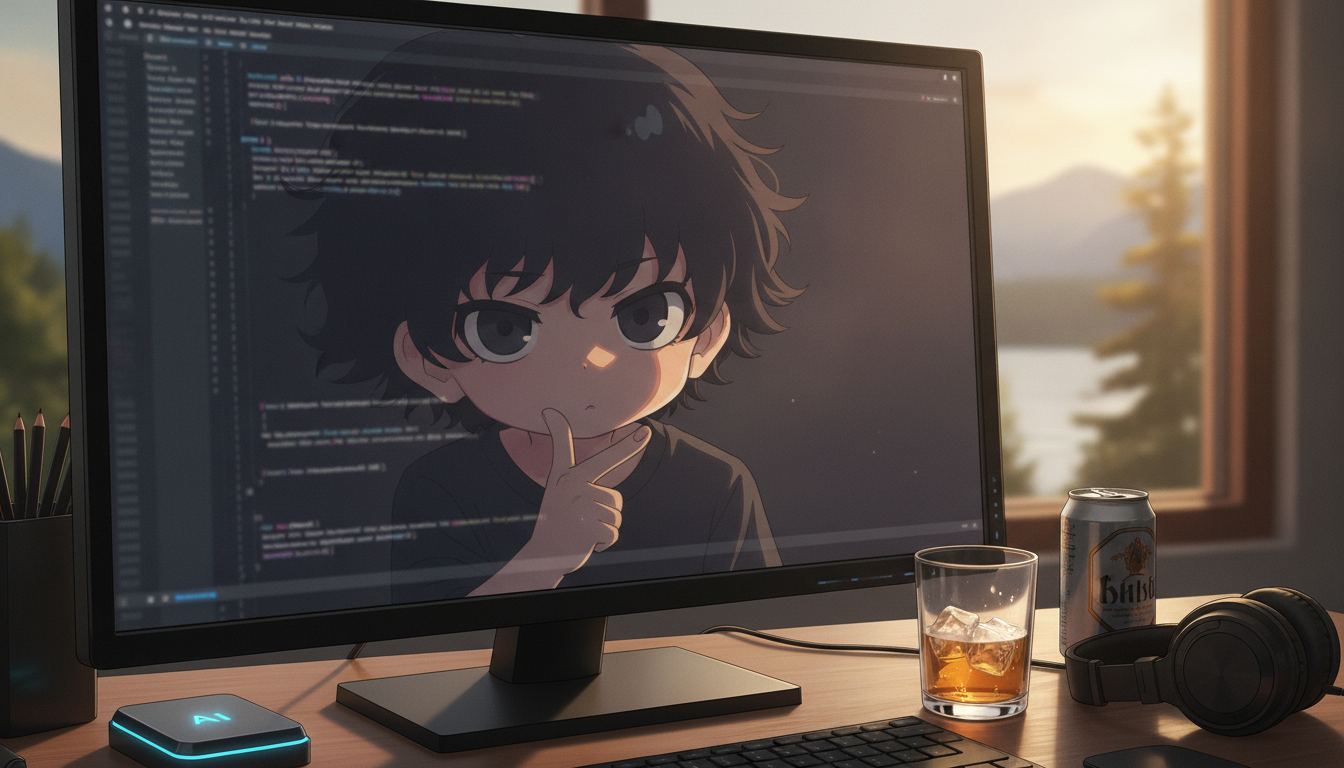 しょーた本人と「画面の向こうにクッション言葉を置く夜と、僕の思考スタイルを記録する指先」の内容を表すブログ挿絵