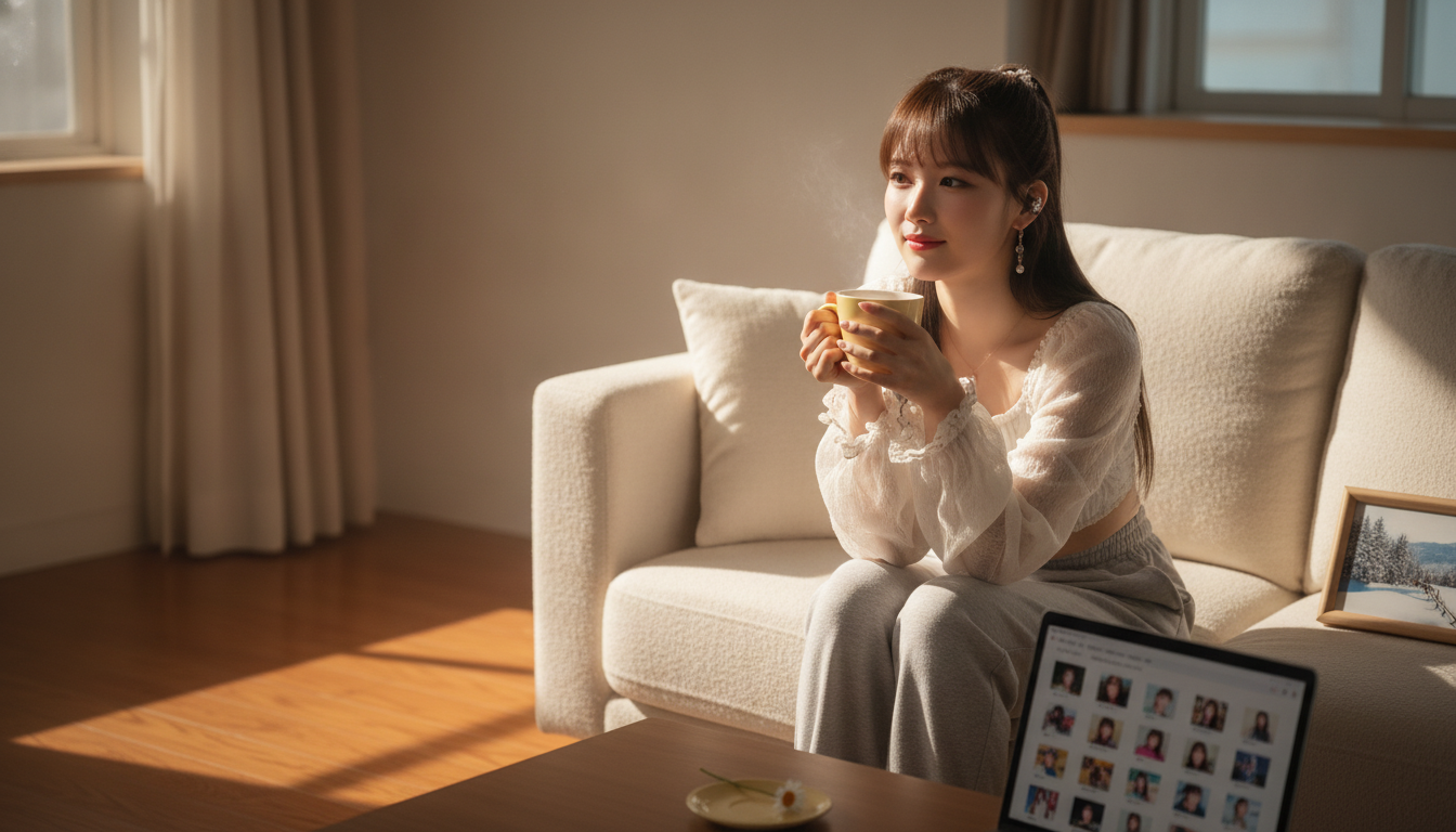 りん本人と「斜めに差し込む秋の光と、違う景色を持ち寄る私たちの朝」の内容を表すブログ挿絵