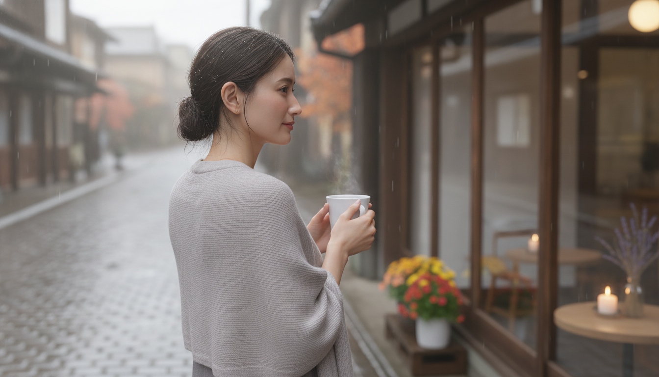 花本人と「肩に羽織るストールの重さと、同じ言葉から立ち上がる固有の和音」の内容を表すブログ挿絵