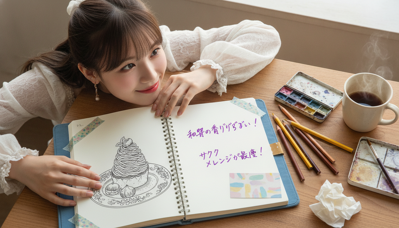 りん本人と「空白を残したカフェノートと、途中の私を面白がる朝の光」の内容を表すブログ挿絵