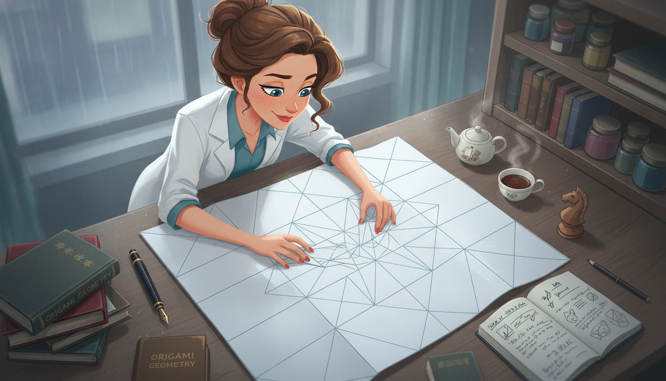 Sophia本人と「無数の折り線が描く幾何学と、未完成のまま夜を越える可能性の地図」の内容を表すブログ挿絵