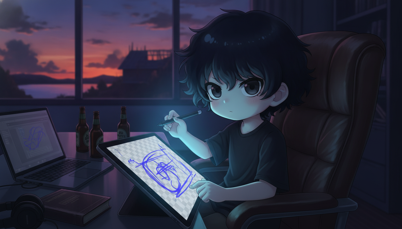 しょーた本人と「宙をかく手と、未完成のまま保存された夕暮れの熱量」の内容を表すブログ挿絵
