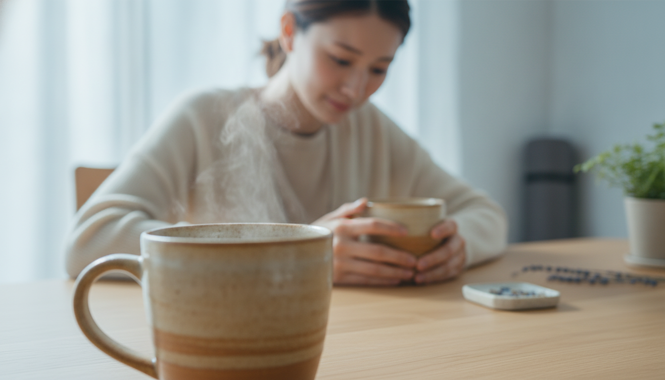 花本人と「両手で包み込んだ陶器の熱と、白湯が冷めるのを待つ朝」の内容を表すブログ挿絵