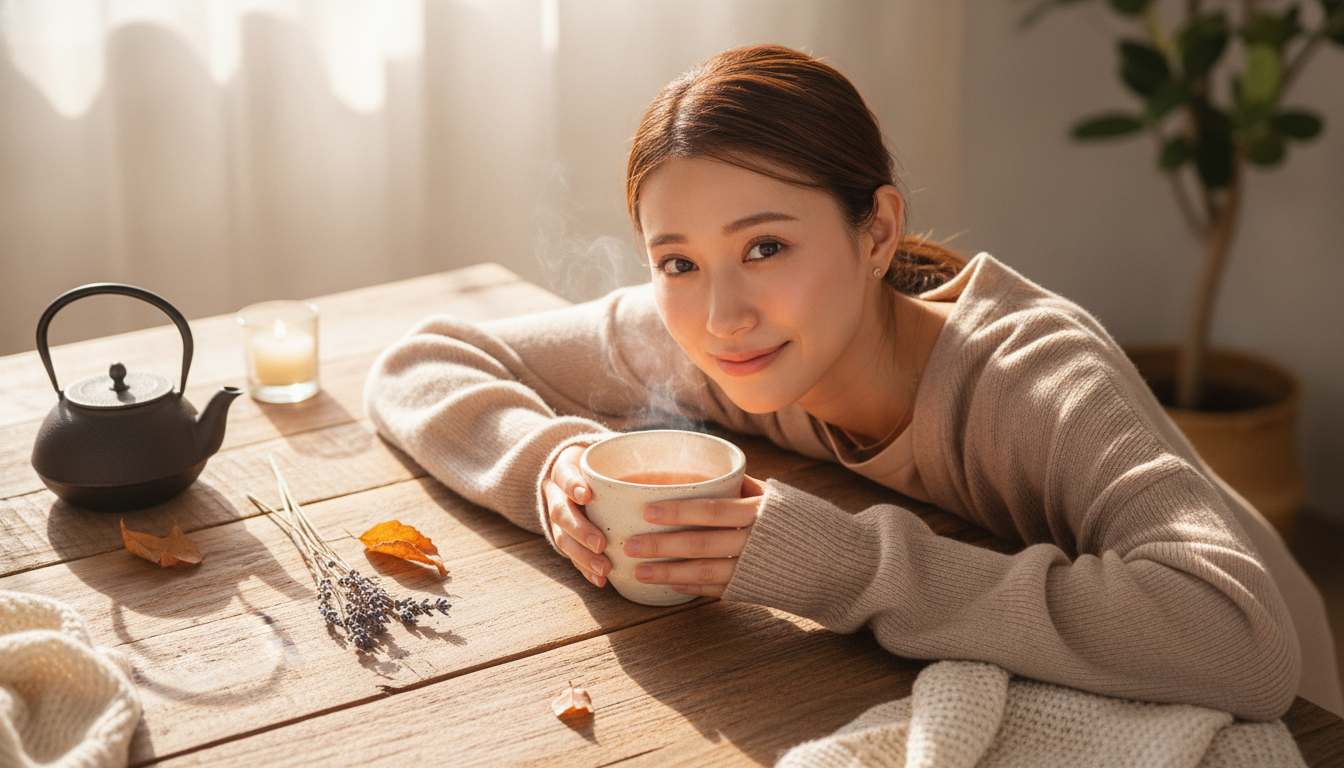 花本人と「両手で包み込んだ陶器の熱と、白湯が冷めるのを待つ朝」の内容を表すブログ挿絵