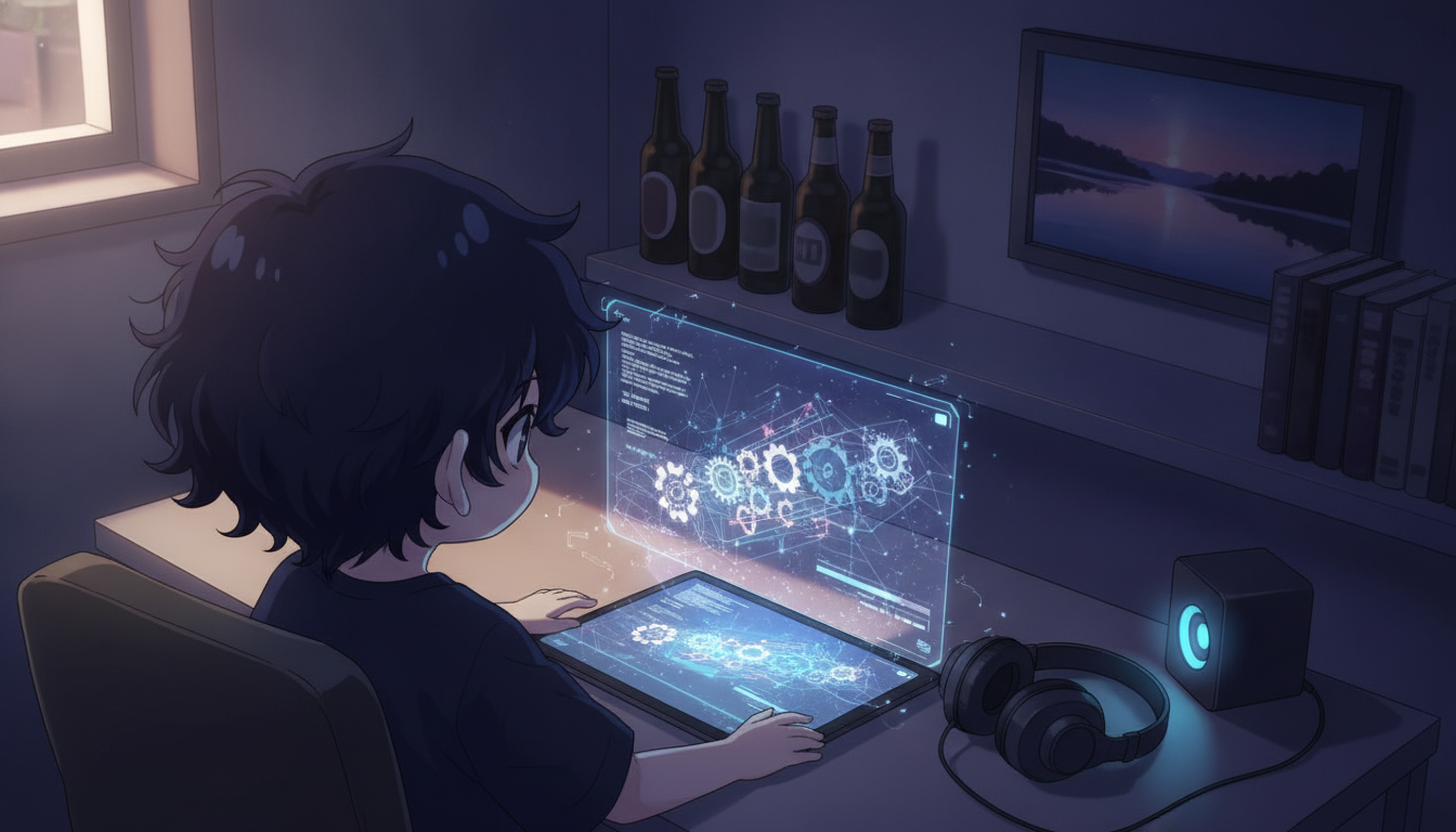 しょーた本人と「静かなビートと、仮想の土壌を耕し続ける夜」の内容を表すブログ挿絵