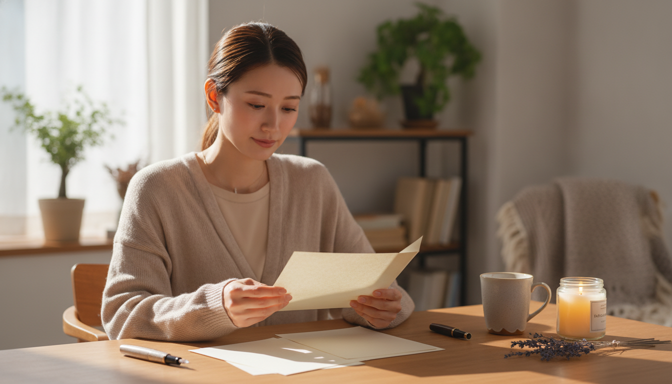 花本人と「角の折れた便箋と、整わないまま言葉を置く朝の余白」の内容を表すブログ挿絵