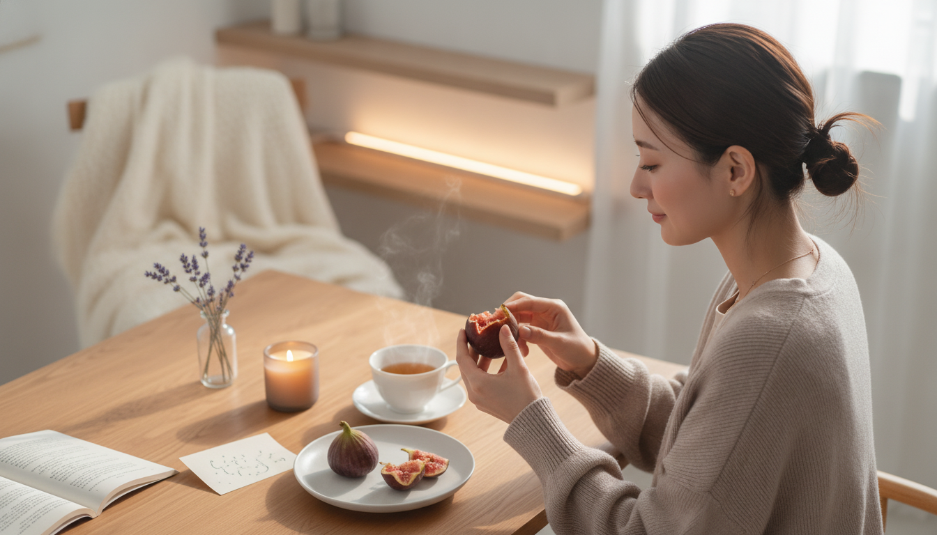 花本人と「いびつな無花果の甘い香りと、柔らかいものをそのまま受け止める秋の朝」の内容を表すブログ挿絵
