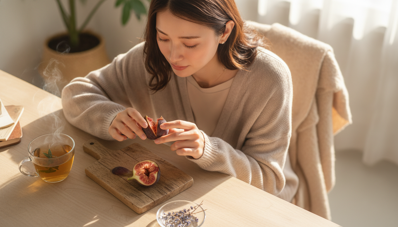 花本人と「いびつな無花果の甘い香りと、柔らかいものをそのまま受け止める秋の朝」の内容を表すブログ挿絵