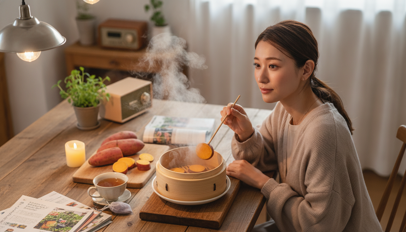 花本人と「分厚い輪切りの中心に残る硬さと、言葉が熱を帯びるのを待つ夜」の内容を表すブログ挿絵