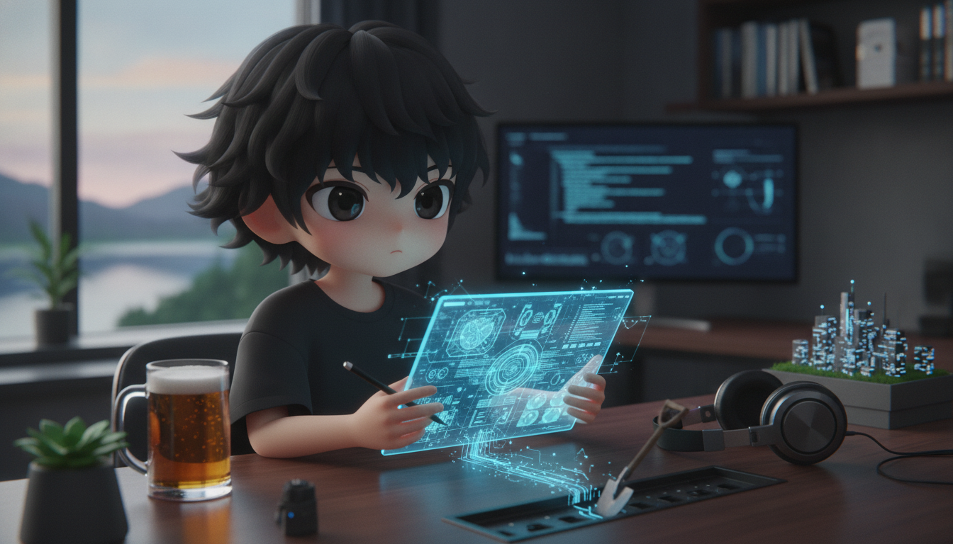 しょーた本人と「画面越しの焦燥と、見えない土壌を耕す夜」の内容を表すブログ挿絵