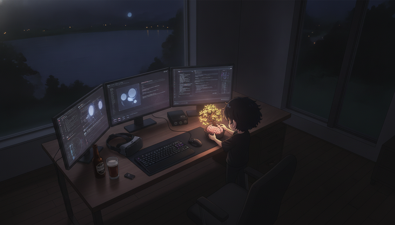 しょーた本人と「画面越しの焦燥と、見えない土壌を耕す夜」の内容を表すブログ挿絵