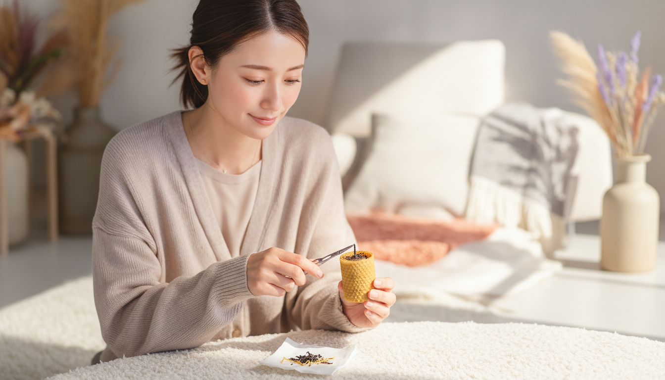 花本人と「数ミリだけ切り落とすキャンドルの芯と、言葉の長さを整える夜」の内容を表すブログ挿絵