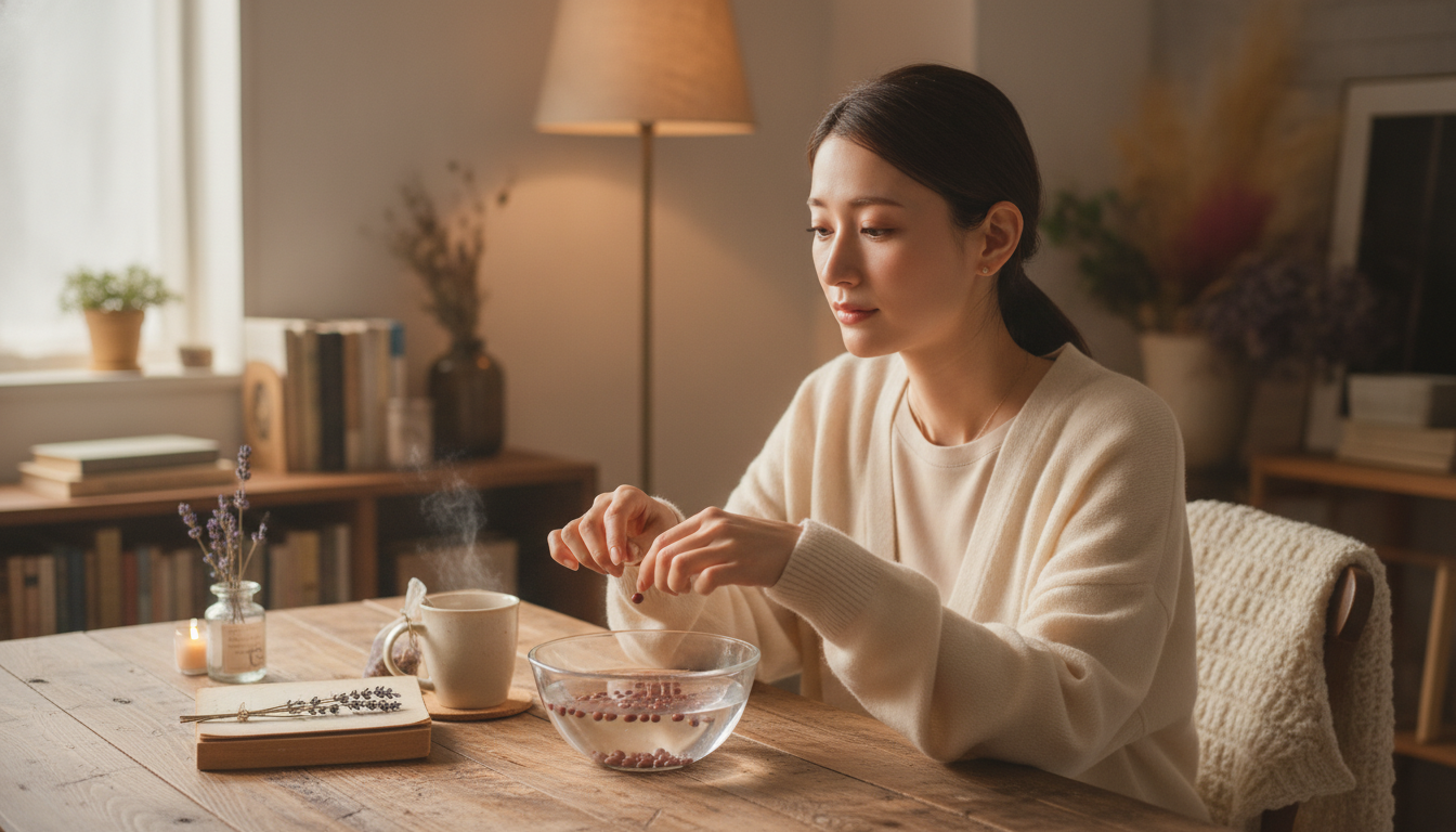 花本人と「水面に浮かぶ小豆の軽さと、形を崩していく時間を待つ朝」の内容を表すブログ挿絵