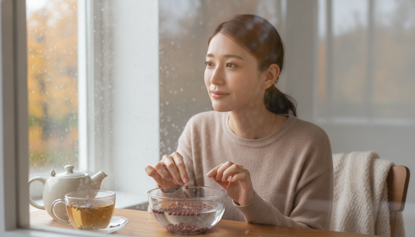 花本人と「水面に浮かぶ小豆の軽さと、形を崩していく時間を待つ朝」の内容を表すブログ挿絵