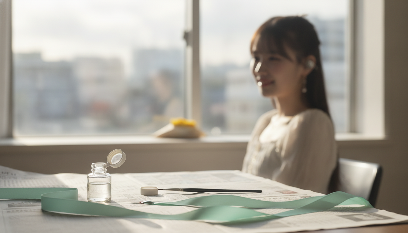 りん本人と「透明な液が染み込むサテンリボンと、思い切りジャンプするための朝の儀式」の内容を表すブログ挿絵