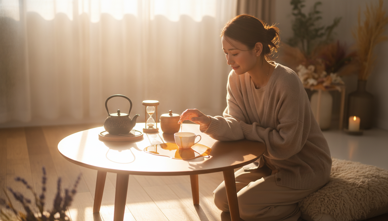 花本人と「こぼれた紅茶が反射する朝日と、急いで拭き取らなかった朝の余白」の内容を表すブログ挿絵