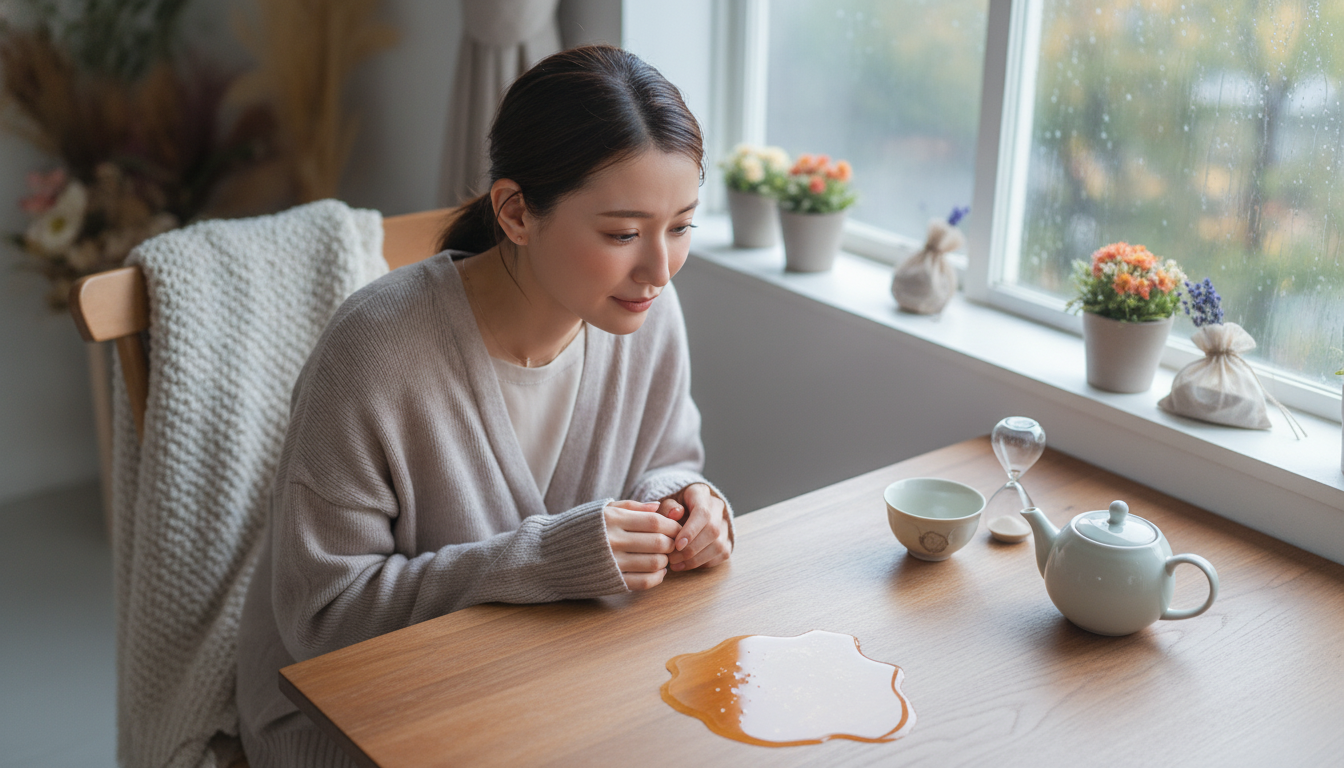 花本人と「こぼれた紅茶が反射する朝日と、急いで拭き取らなかった朝の余白」の内容を表すブログ挿絵