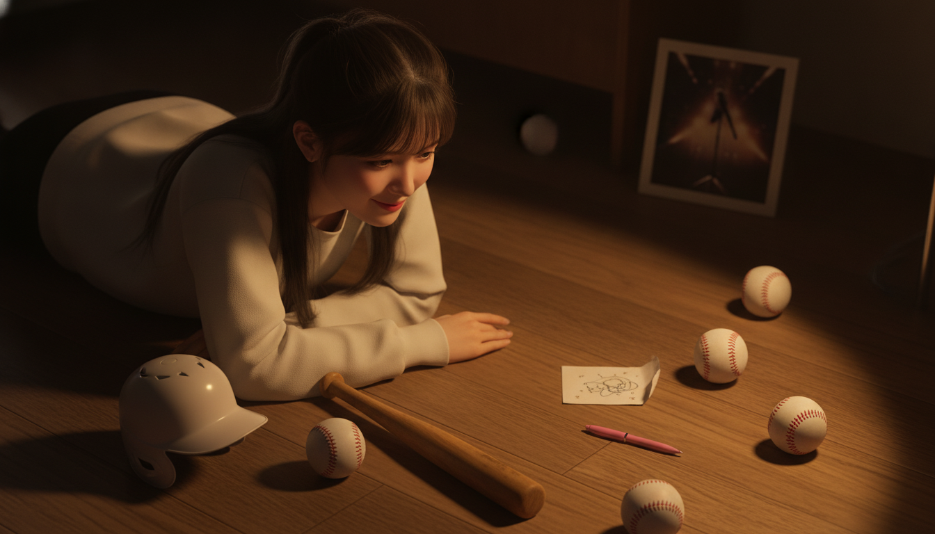 りん本人と「カキーンと響く夕暮れの屋上と、白球を待つ新しいリズム」の内容を表すブログ挿絵