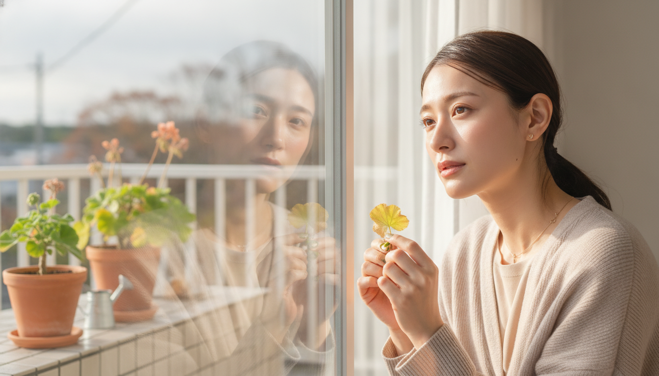 花本人と「指先に残るゼラニウムの青い香りと、言葉に詰まった数秒間の行方」の内容を表すブログ挿絵