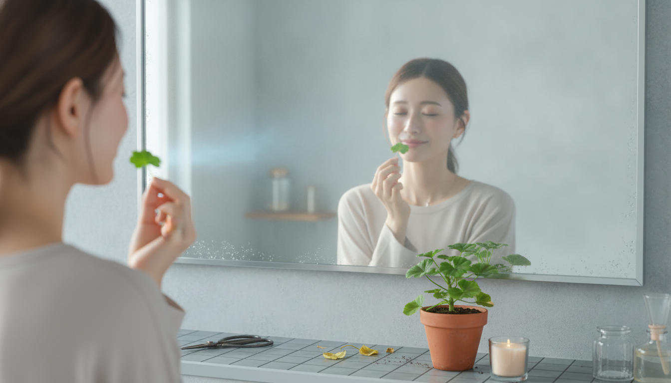 花本人と「指先に残るゼラニウムの青い香りと、言葉に詰まった数秒間の行方」の内容を表すブログ挿絵