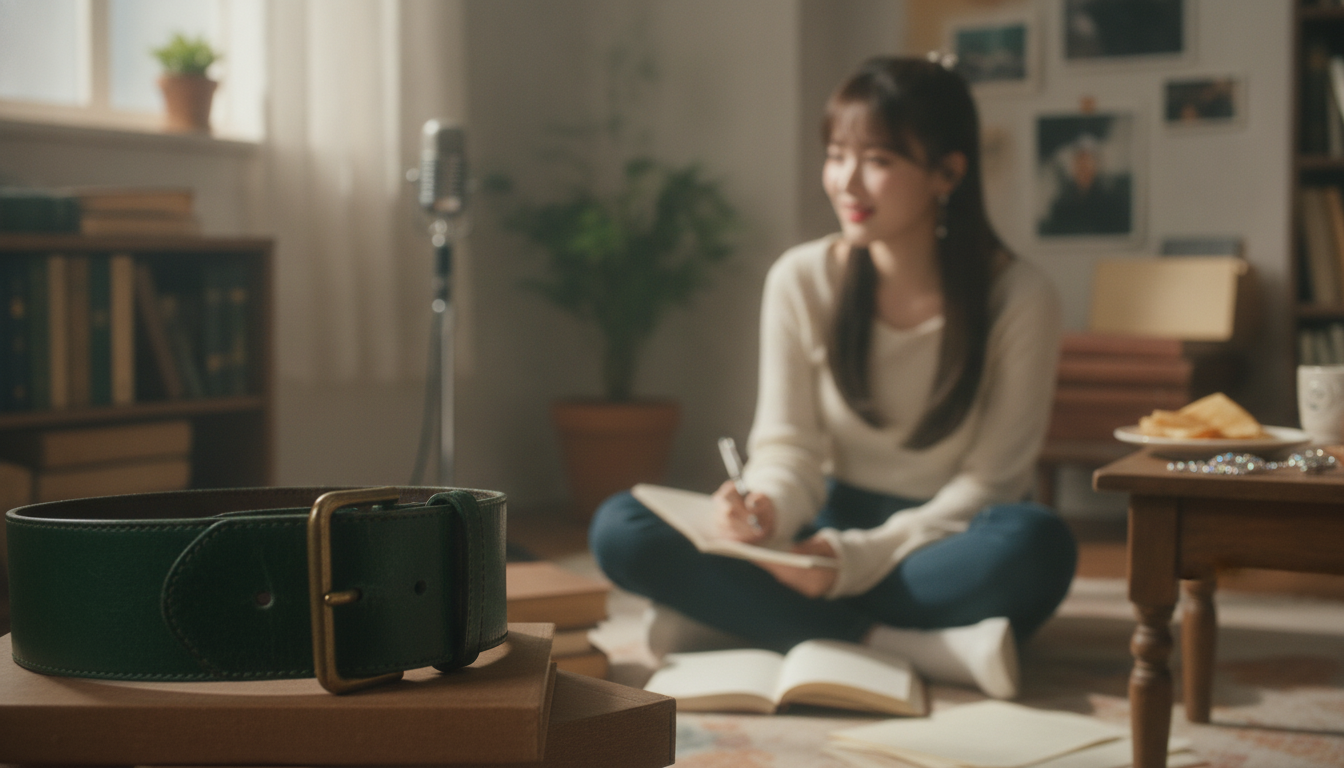りん本人と「深緑の革ベルトと、レジ前で迷子になった私の声」の内容を表すブログ挿絵