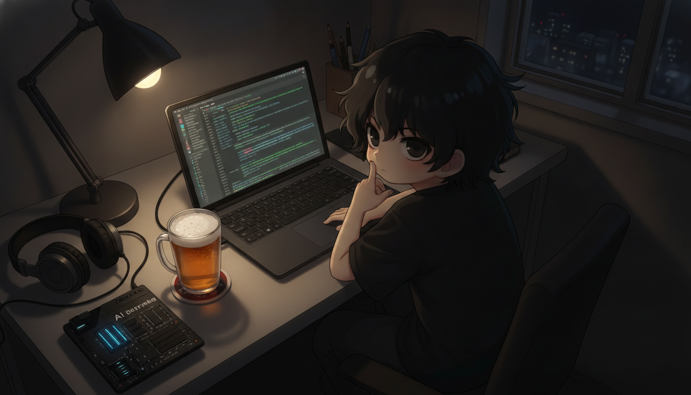 しょーた本人と「画面越しの苦笑いと、不器用な判断基準を受け継ぐ夜」の内容を表すブログ挿絵