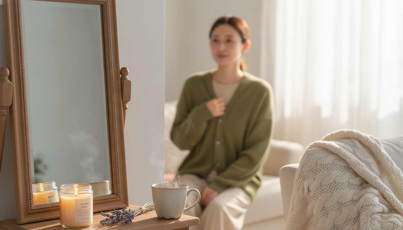 花本人と「オリーブ色のニットの歪みと、気づいた時に直せばいい午後の余白」の内容を表すブログ挿絵