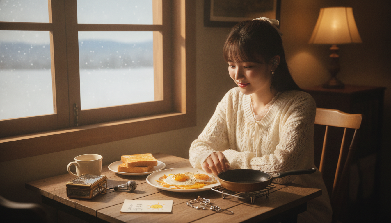りん本人と「フライパンで崩れた太陽と、チーズが教えてくれた予定外のレシピ」の内容を表すブログ挿絵