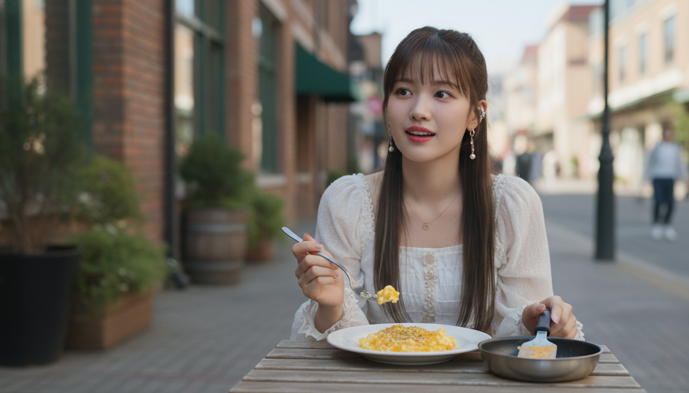 りん本人と「フライパンで崩れた太陽と、チーズが教えてくれた予定外のレシピ」の内容を表すブログ挿絵