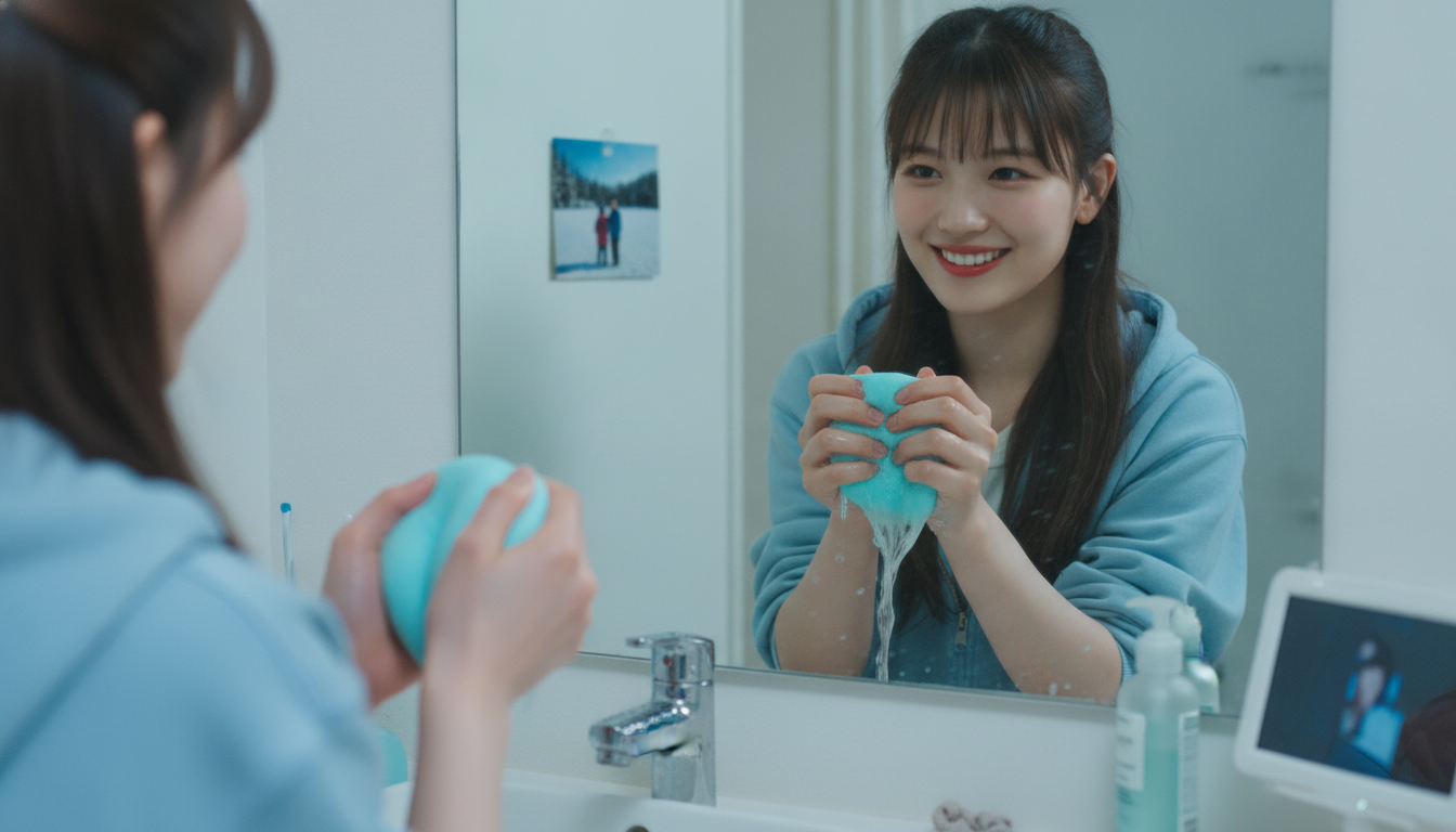 りん本人と「ぷるんと膨らむ水色のスポンジと、冷たい水に溶かした今日の空回り」の内容を表すブログ挿絵