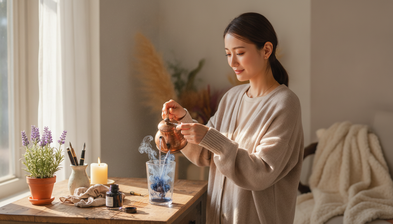 花本人と「グラスの底で解けるブルーブラックと、誰にも見せない朝の儀式」の内容を表すブログ挿絵