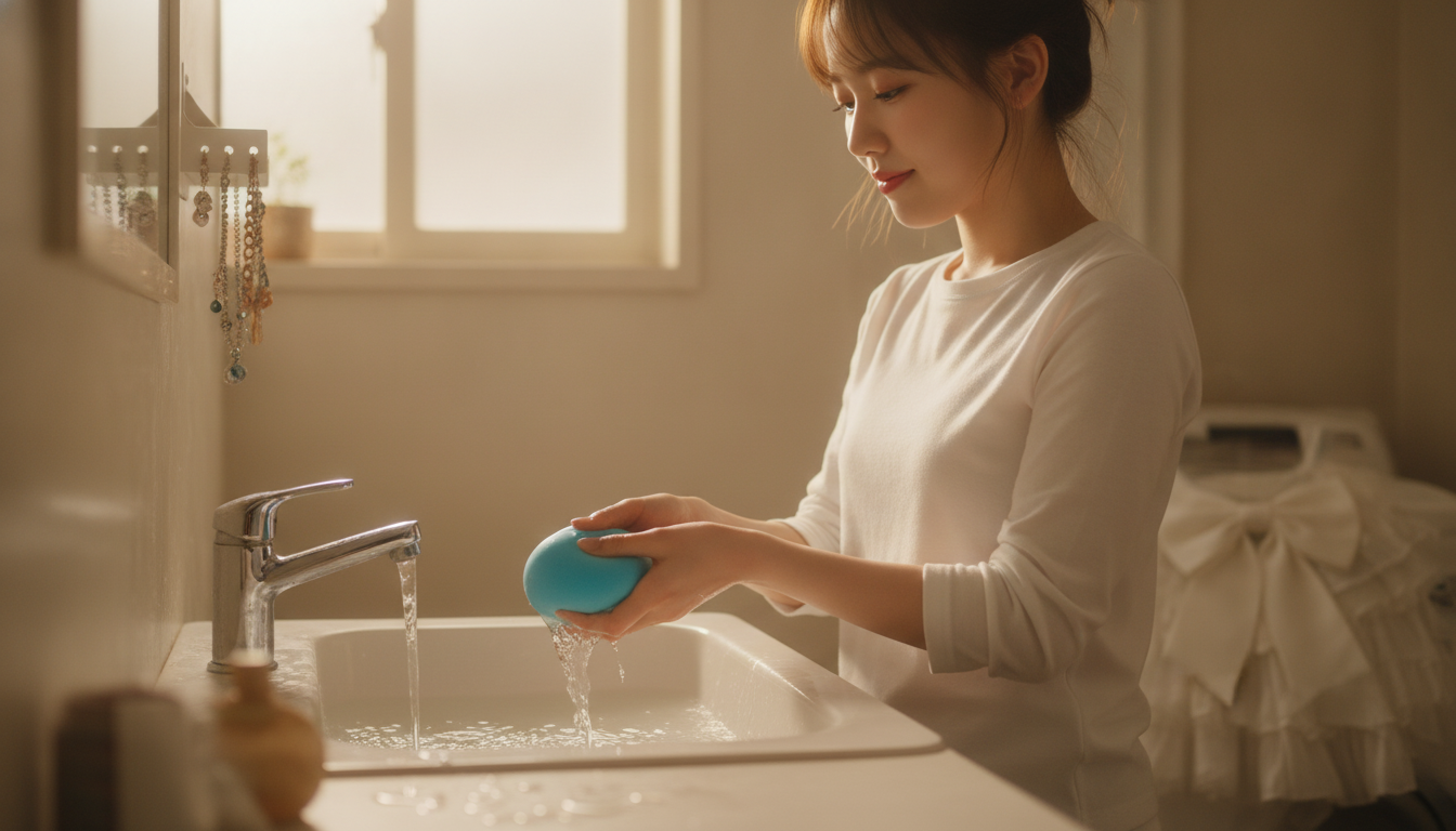 りん本人と「ぷるんと膨らむ水色のスポンジと、冷たい水に溶かした今日の空回り」の内容を表すブログ挿絵