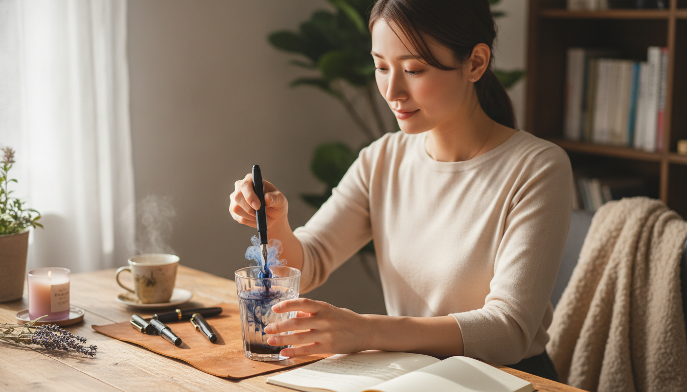 花本人と「グラスの底で解けるブルーブラックと、誰にも見せない朝の儀式」の内容を表すブログ挿絵