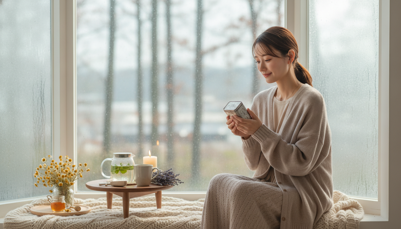 花本人と「銀色の缶に眠る鋭い香りと、今の温度に調律していく朝の呼吸」の内容を表すブログ挿絵