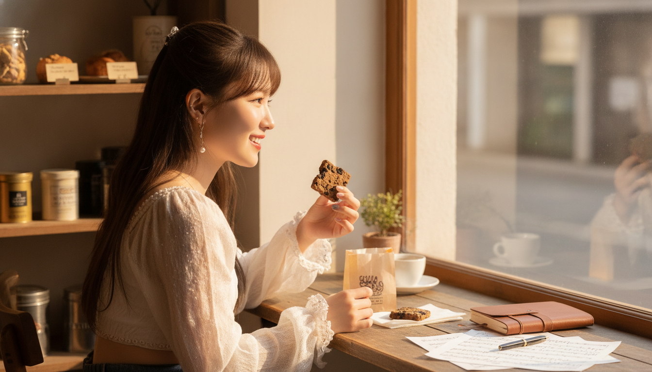 りん本人と「ピリッと香る四角いクッキーと、まだ名前をつけられない秋の味」の内容を表すブログ挿絵