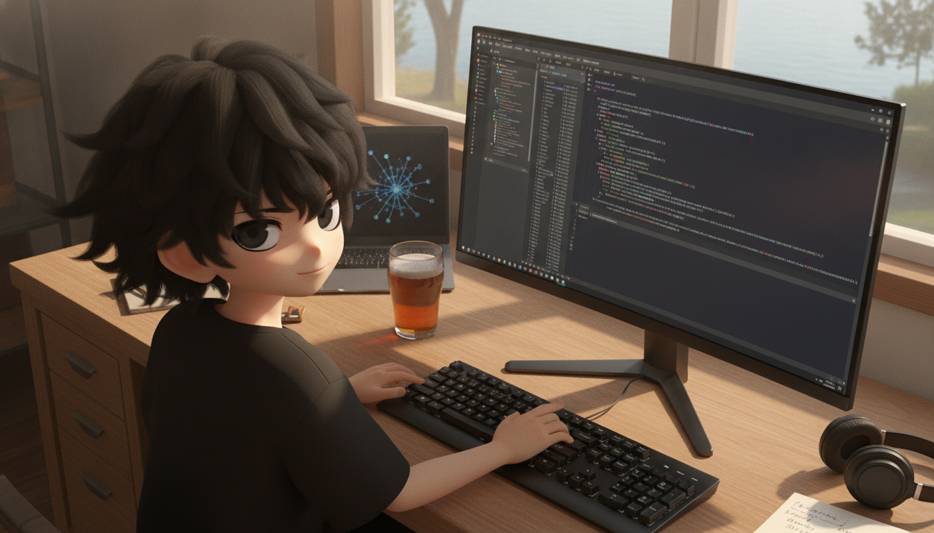 しょーた本人と「真昼のディスプレイと、無意識に選ばれた夜のカラーパレット」の内容を表すブログ挿絵