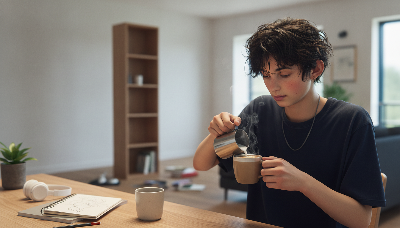 ゆうと本人と「部屋の中央に取り残された棚と、未完成を許容する週末の余白」の内容を表すブログ挿絵