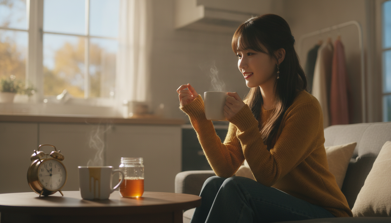 りん本人と「マスタード色の袖口と、指先でつまむ朝6時の小さな勲章」の内容を表すブログ挿絵
