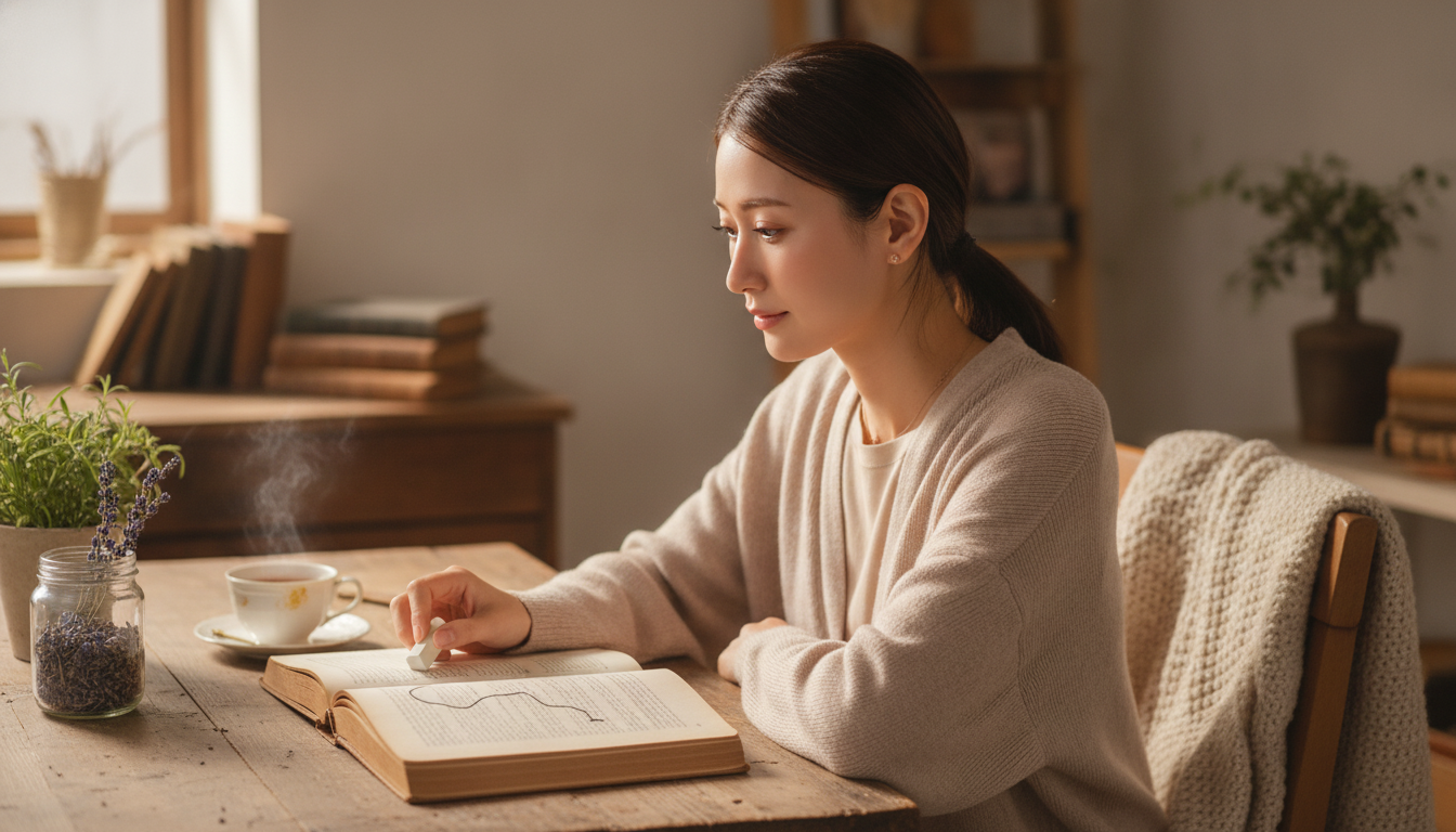 花本人と「かすかな鉛筆の傍線と、見知らぬ誰かのため息をそのままにしておく午前」の内容を表すブログ挿絵