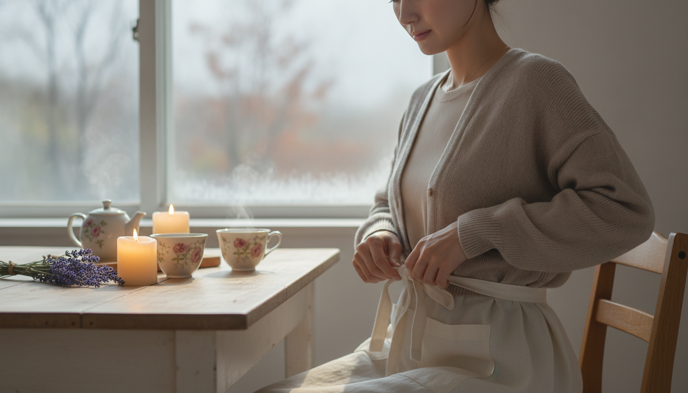 花本人と「固く結んだエプロンの紐と、朝の空気を迎え入れるための隙間」の内容を表すブログ挿絵