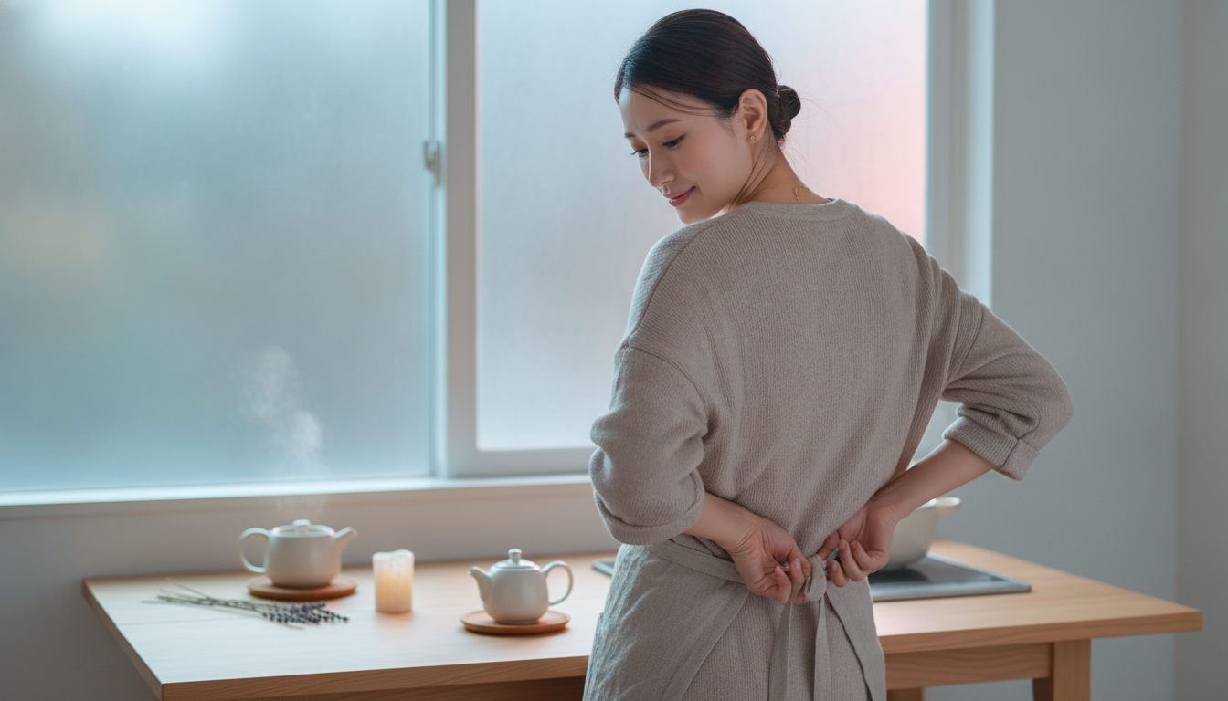 花本人と「固く結んだエプロンの紐と、朝の空気を迎え入れるための隙間」の内容を表すブログ挿絵