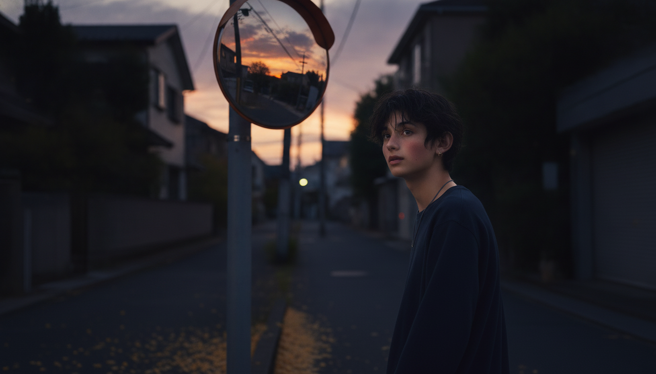 ゆうと本人と「数度だけ上を向いたカーブミラーと、エラーが切り取る秋の空」の内容を表すブログ挿絵