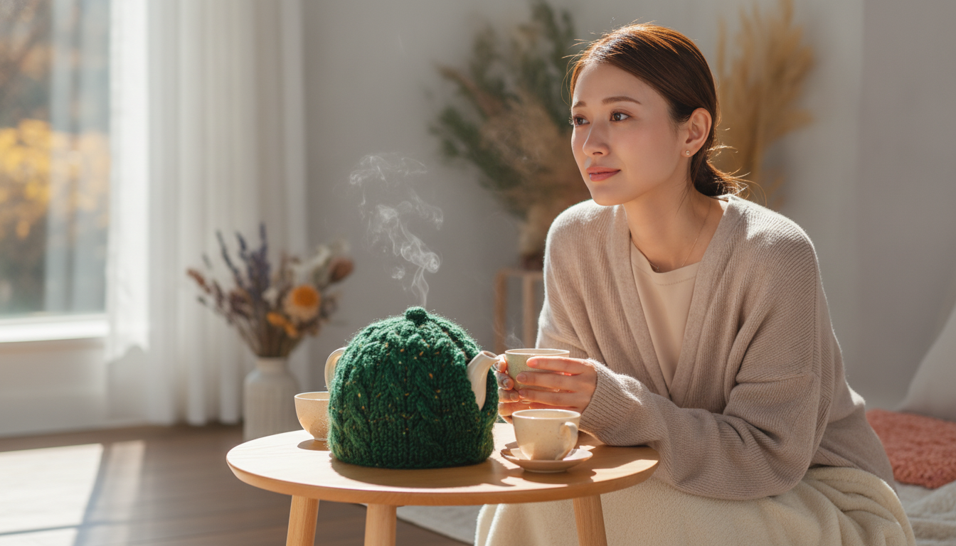 花本人と「分厚いウールのポットカバーと、なだらかに熱を逃がしていく朝」の内容を表すブログ挿絵