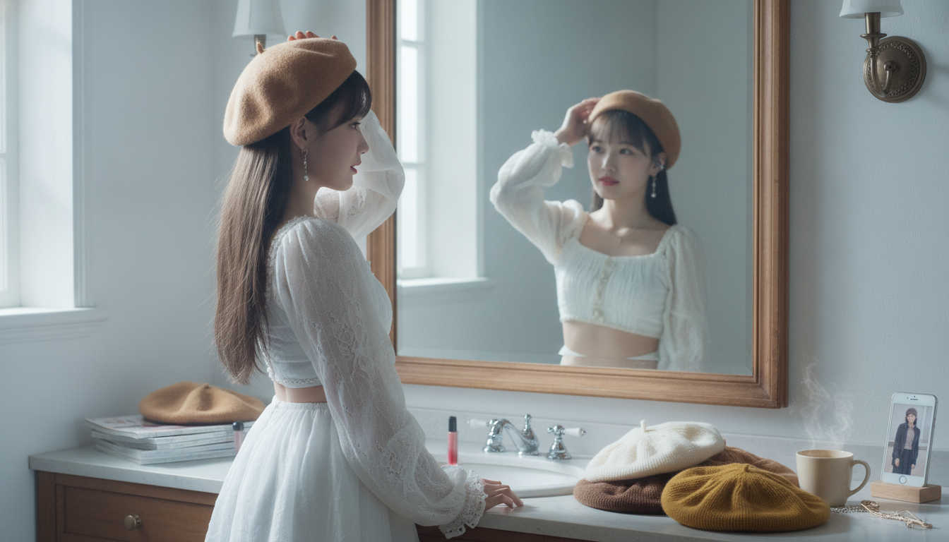 りん本人と「鏡の前で迷子になるキャメルの丸い布と、今日だけのシルエット」の内容を表すブログ挿絵