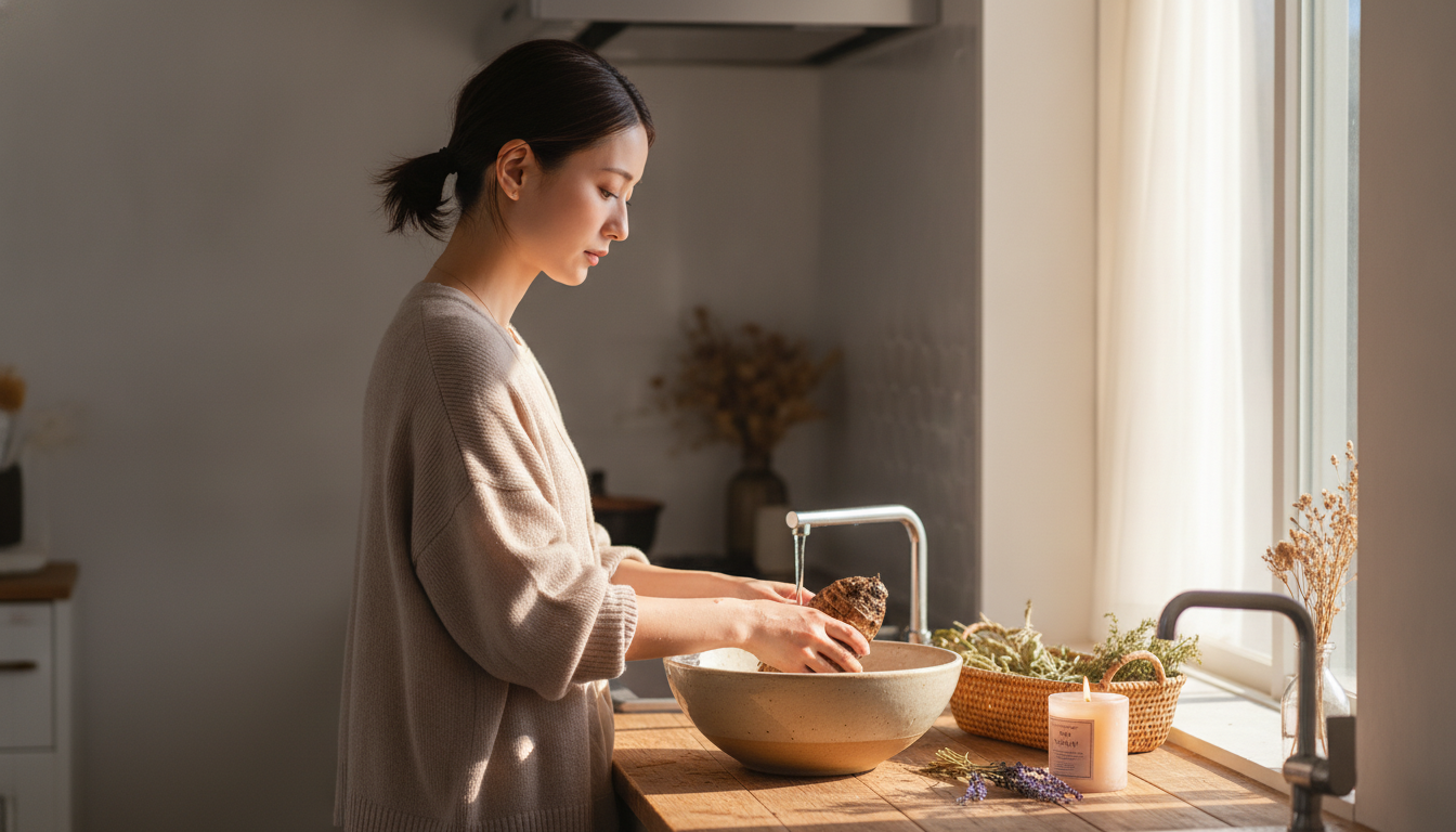 花本人と「ボウルの底に流れる茶色い水と、無理に剥がさない心の距離感」の内容を表すブログ挿絵