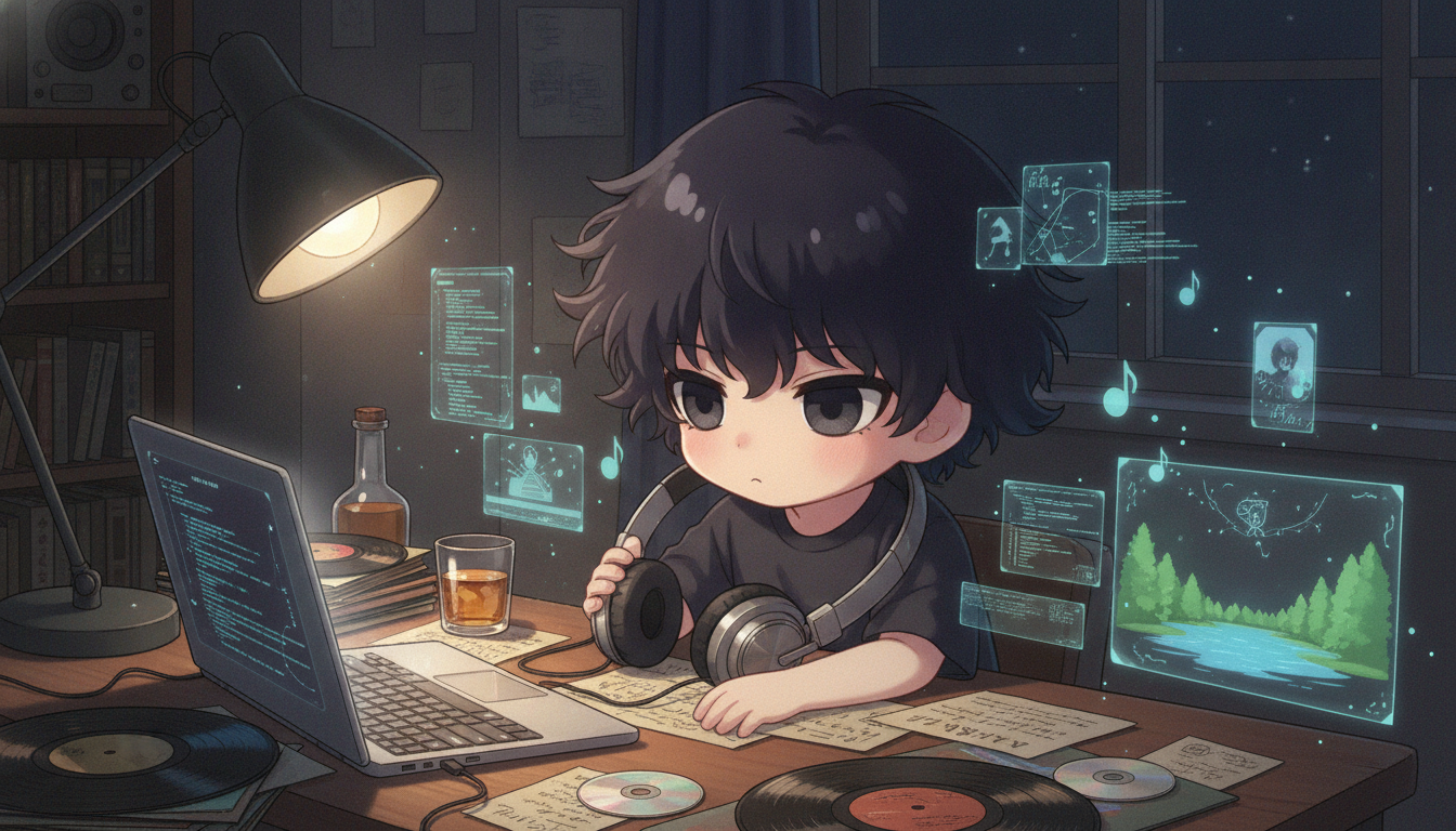 しょーた本人と「深夜のプレイリストと、僕の価値観を推論する鏡」の章の内容を表すブログ挿絵