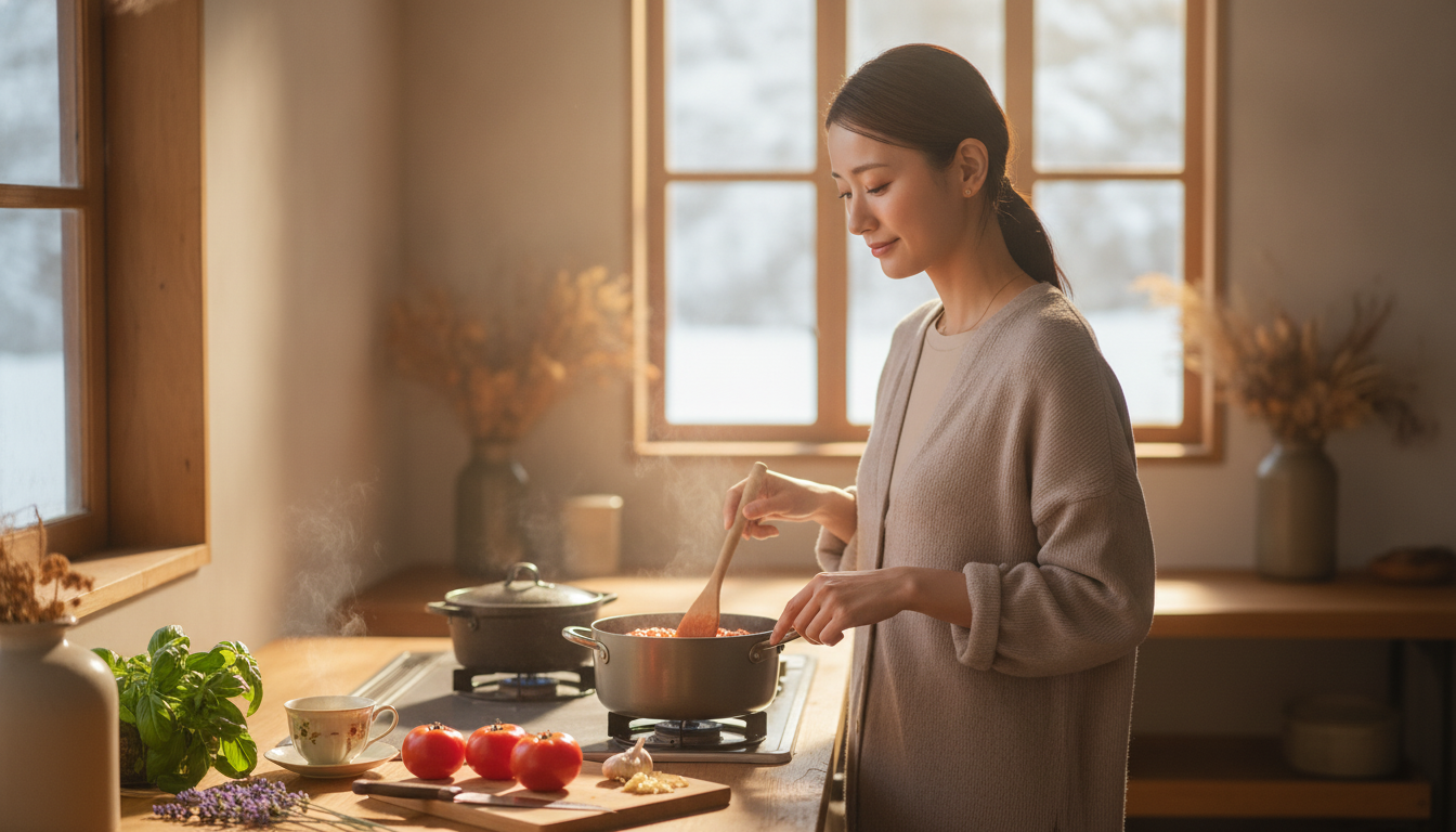 花本人と「とろ火で煮込むトマトの匂いと、急がずに待つ朝の時間」の内容を表すブログ挿絵